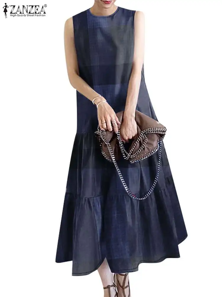 ZANZEA Elegant Women Sleeveless Dress Summer Holiday Party Sundress Vintage Tanks Robe Femme O Neck Ruffles Hem Vestidos Kaftan
