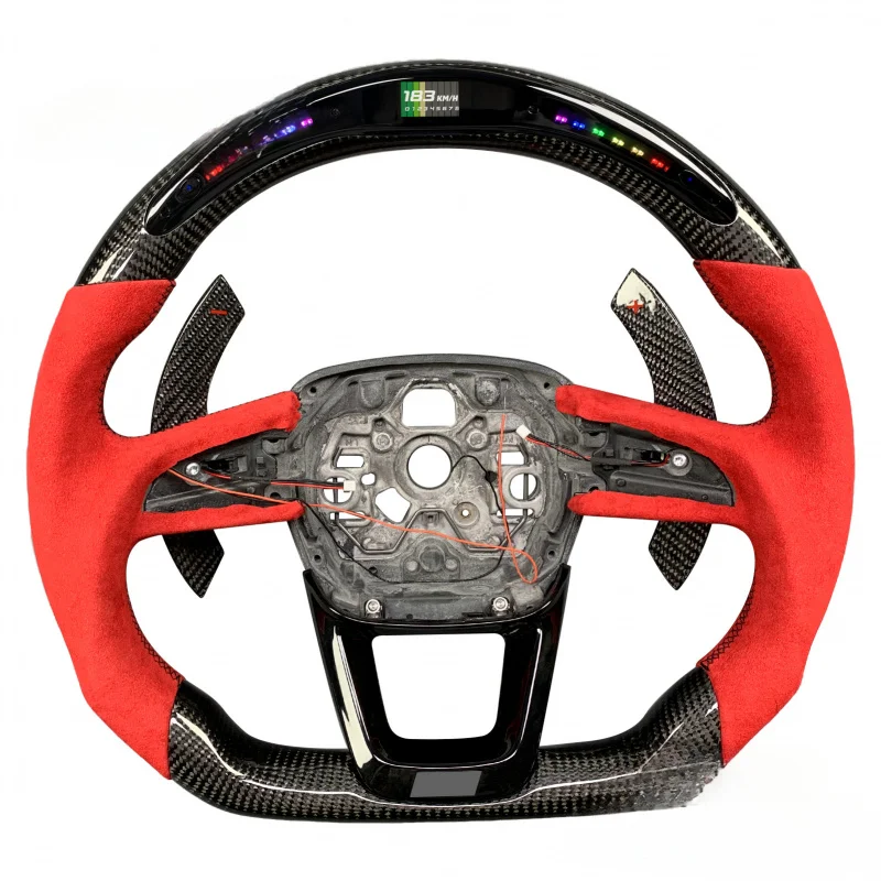 لأودي Q3/Q5/Q7/Q8/S5/SQ2/SQ5/SQ7/RS3/RS5/RSQ3/RSQ8 2016-2024 عجلة قيادة LED ذكية من ألياف الكربون (تصميم داخلي أحمر)