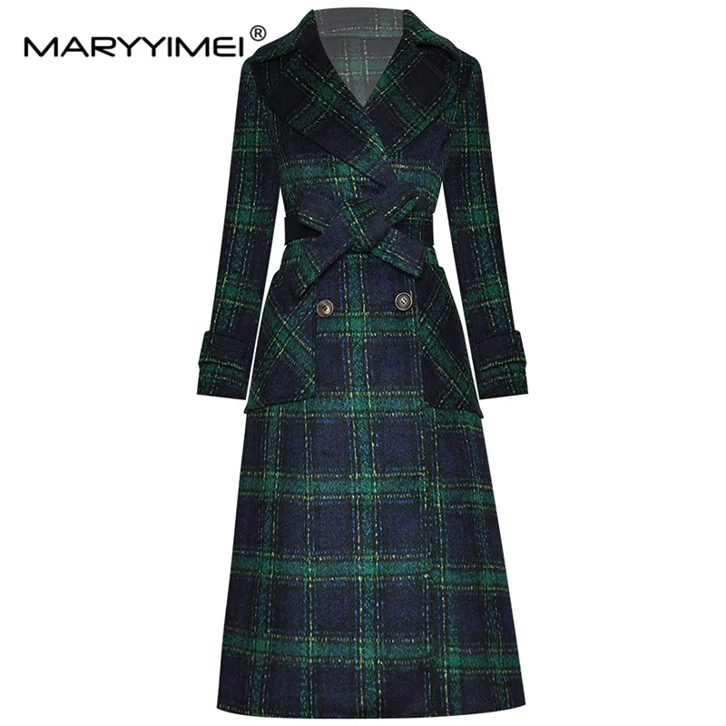 

MARYYIMEI Fashion Designer Woolen cloth Overcoat Winter Women Long sleeve Double breasted lace-up Keep warm Plaid Overcoat
