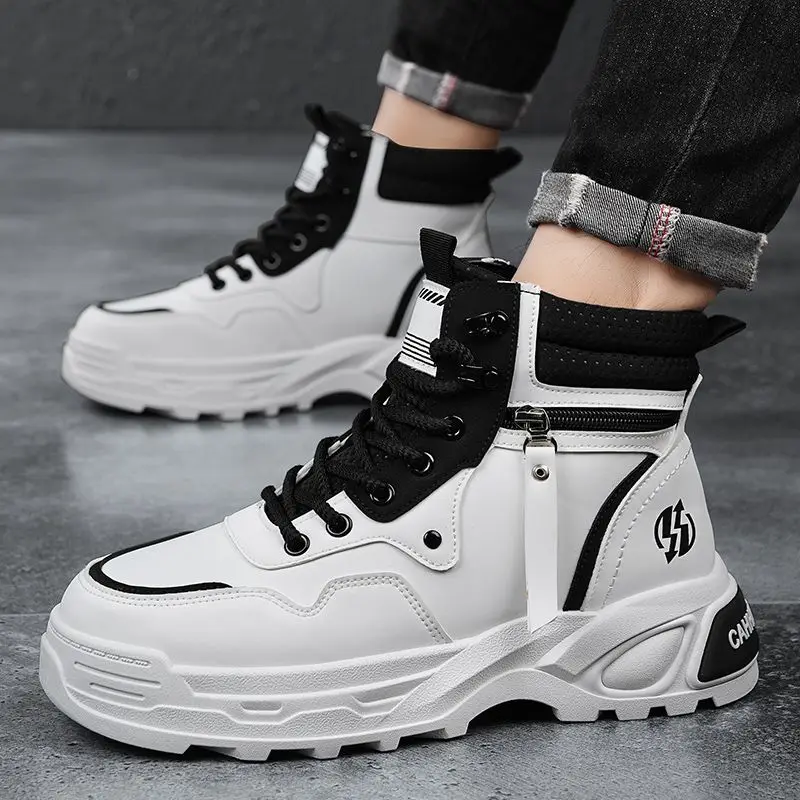 

Men's Inner Height Increase Trendy Autumn Boots British Style High Top Workwear Thick Sole Anti Slip Leather Casual Shoes