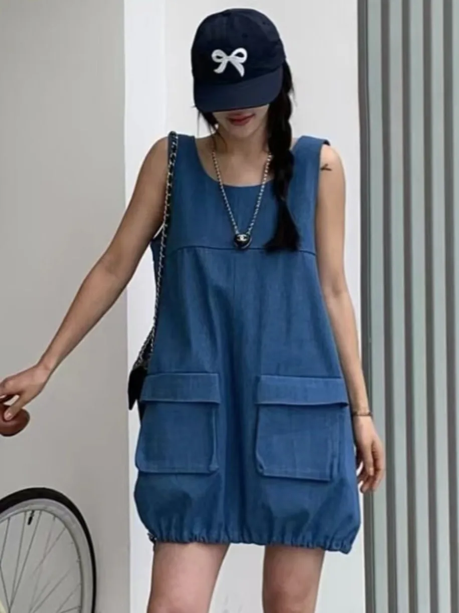 Vestido vaquero e Vintage de verano con cuello redondo y diseño de bolsillo, ceco sin mangas con cordón, Falda cort...