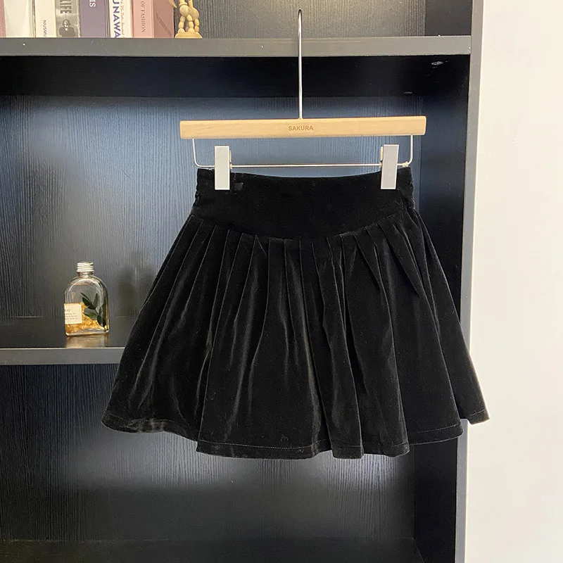 Women's Gold Velvet High Waist Black Anti-Exposure A- line Skirt 2023 Fall and Winter K-sle Retro All-Matching Sheath Skirt