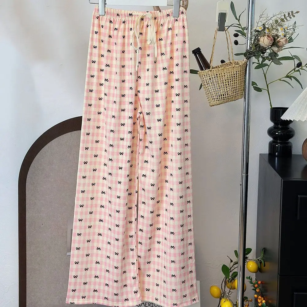 

Fashion Stripe Plaid Bowknot Pajama Pants Sweet Bow Grid Long Pants Indoor Outdoor Thin Casual Trousers Spring Autumn