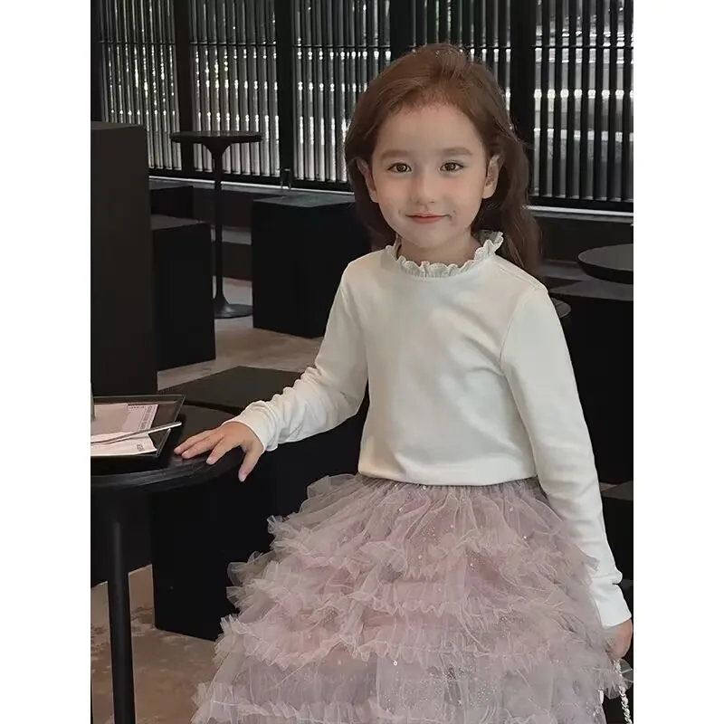 Girls Baby Shirt Autumn/Winter New Fashionable Children\'s Lace Doll Neck Long sleeved Shirt Girls\' Korean Edition Bottom Shirt