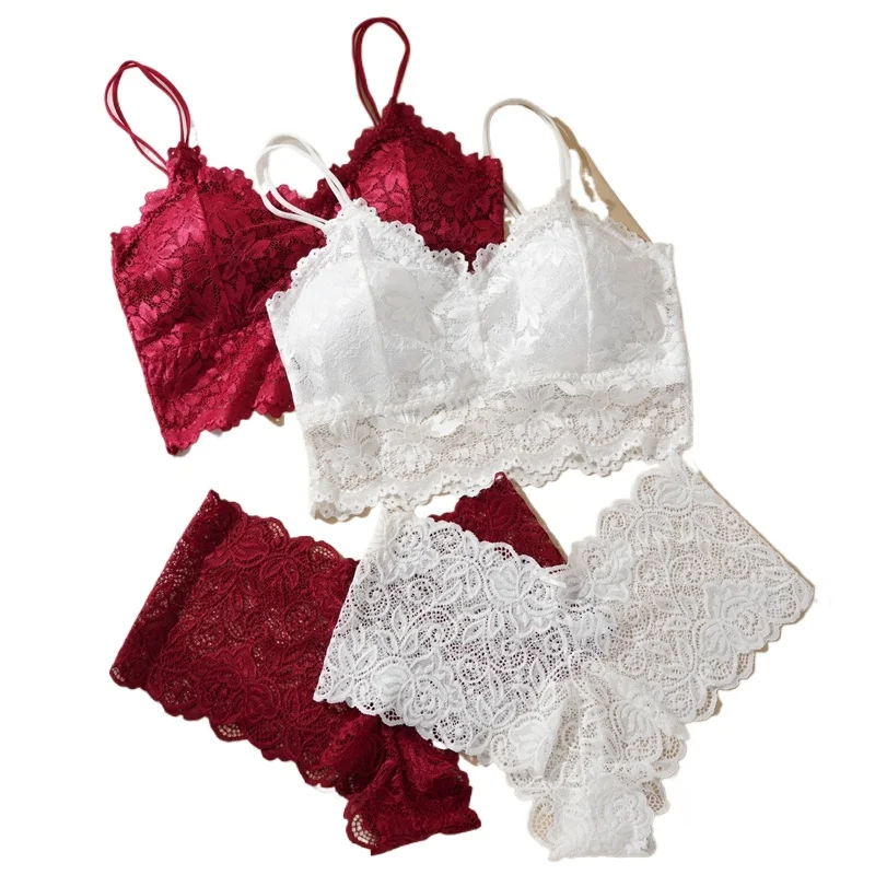 KUCLUT M-2XL Women Sexy Lace Bras Suit Hollow Out Flower Lace Underwear Sets Beautiful Back Tops Panties 2PCS Intimate Set