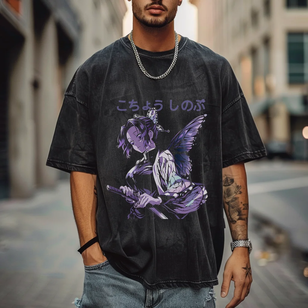 

Anime Demon Slayer Kochou Shinobu Oversized Washed shirt, Hip hop Streetwear Vintage Washed Short Tshirt For Men Women Y2K