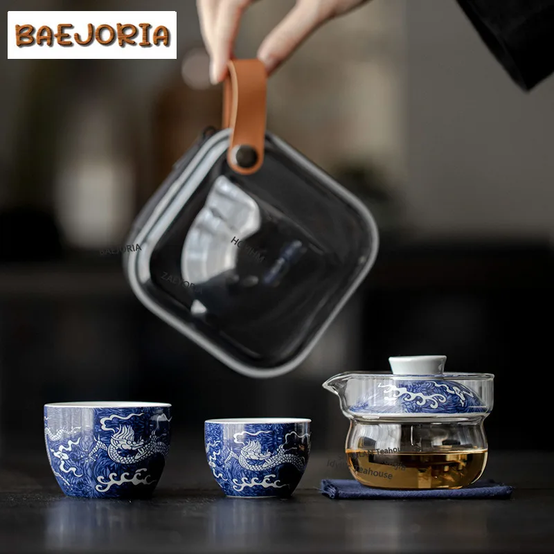 BAEJORIA Blue And White Glass Hand-grasp Pot Set Portable Travel Tea Set Kit Traditional 1 Pot 2 Cups Tea Maker Tote Bag Gift