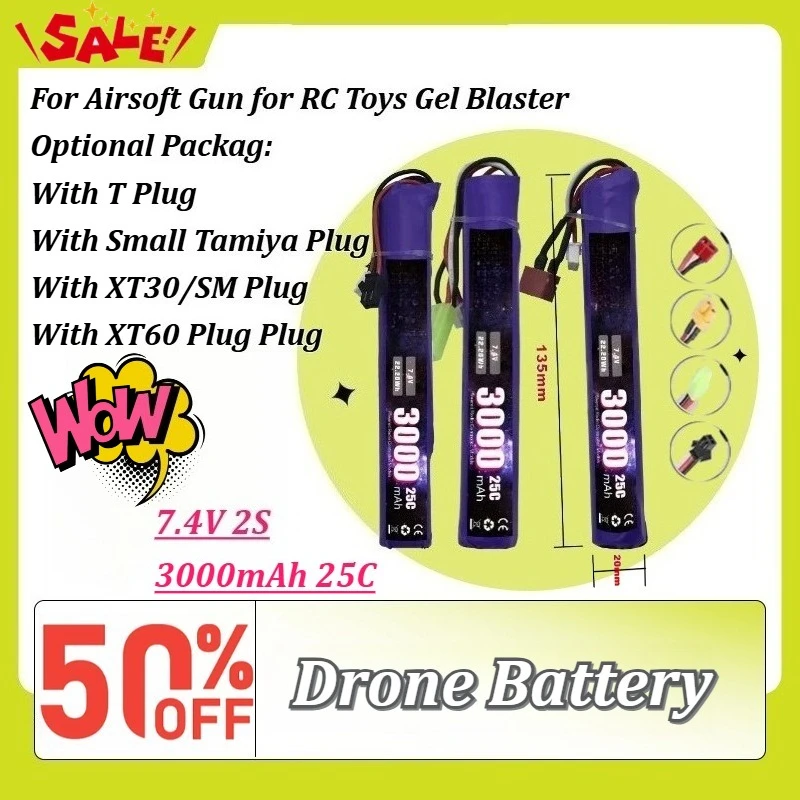 New 7.4V 2S 3000mAh 25C LiPo Replacement Battery for Airsoft Gun for RC Toys Gel Blaster with T/Small Tamiya/XT30/SM/XT60 Plug