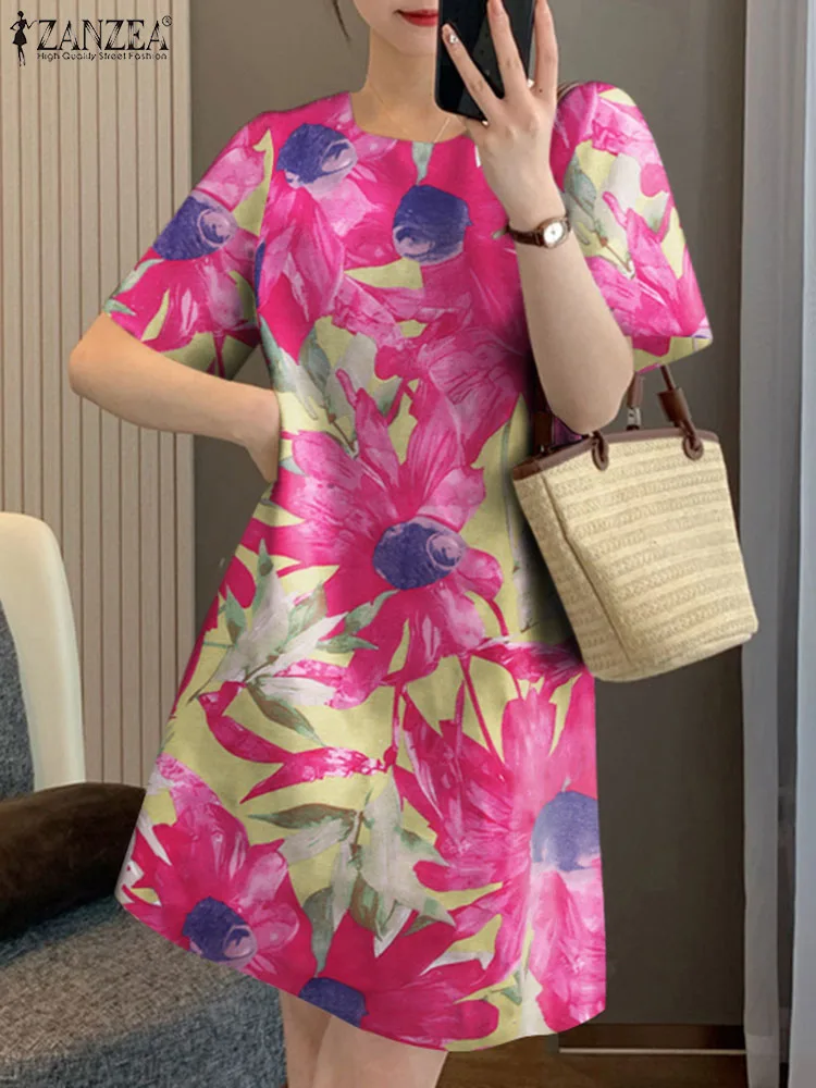 ZANZEA 2024 Summer Cotton Sundress Women Floral Printing Party Dress Vintage Short Sleeve Short Robe Holiday Round Neck Vestidos