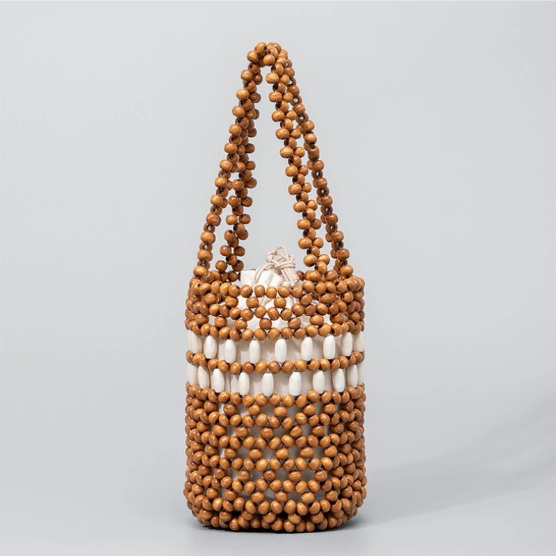Boho Summer Beach Wooden Bead Bucket Bag Women Holiday Vacation Two Tone Mini Tote Bag Cute Handmade Hollow Out Woven Handbag