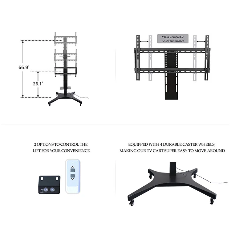 Height Adjustable Mobile Motorized TV Lift Floor Stands Rolling TV Carts With Remote Controller