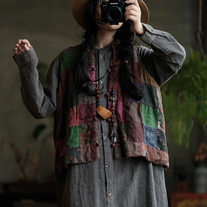

Chinese Style Women Casual Vest Coats New 2025 Autumn Vintage Style Plaid Patchwork Female Cotton Sleeveless Jackets M1952