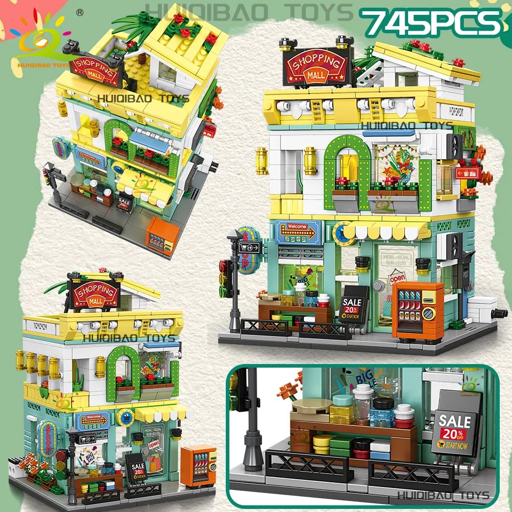 HUIQIBAO City Street View Supermarket Coffee Burger Shop Hotel Model Building Blocks DIY Architecture Bricks Toys Adult Gift