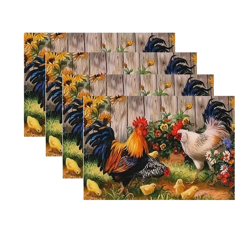 4Pcs, Rooster and Hen Placemats, Best Placemats, Washable, Suitable for Holiday Parties, Home Decoration, Kitchen Tables, Rectangular Dining Tables, Make Your Dining Room and Kitchen More Beautiful, Birthday Gifts and Housewarming Party Gifts for Family and Friends