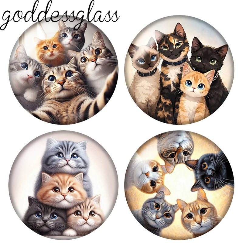 Cute Cartoon Cats Together Around painting style 10pcs 12mm/20mm/25mm Round photo demo glass cabochon flat back Making fittings