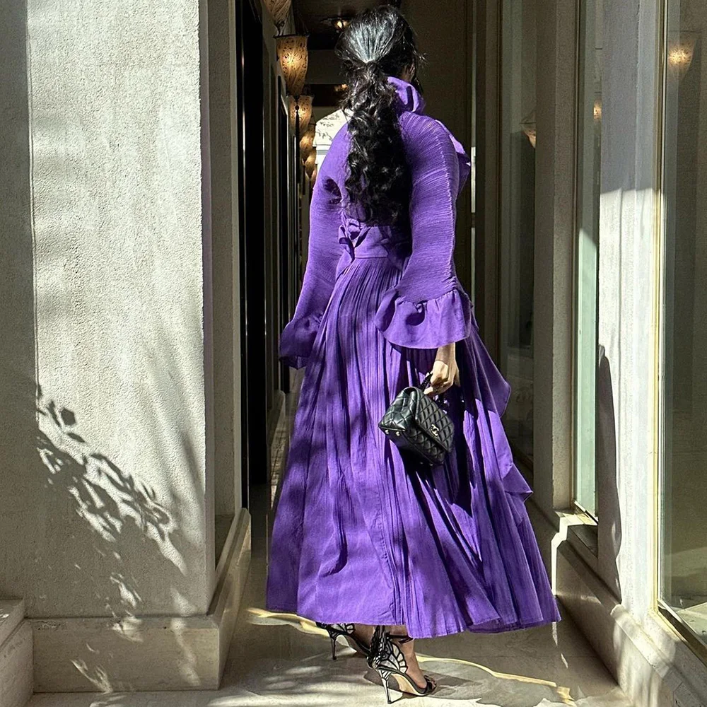 Abiti da ballo con volant in Chiffon viola Sash a-line maniche lunghe lunghezza alla caviglia Arabia occasioni formali abiti De graduaciion