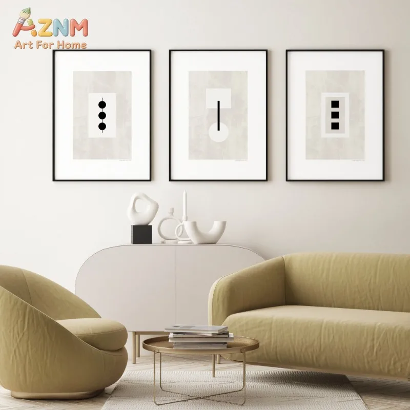 AZNM Neutral Beige Geometric Abstract Canvas Poster Frameless Wall Art Minimalist Black Line Shape Print For Modern Living Room