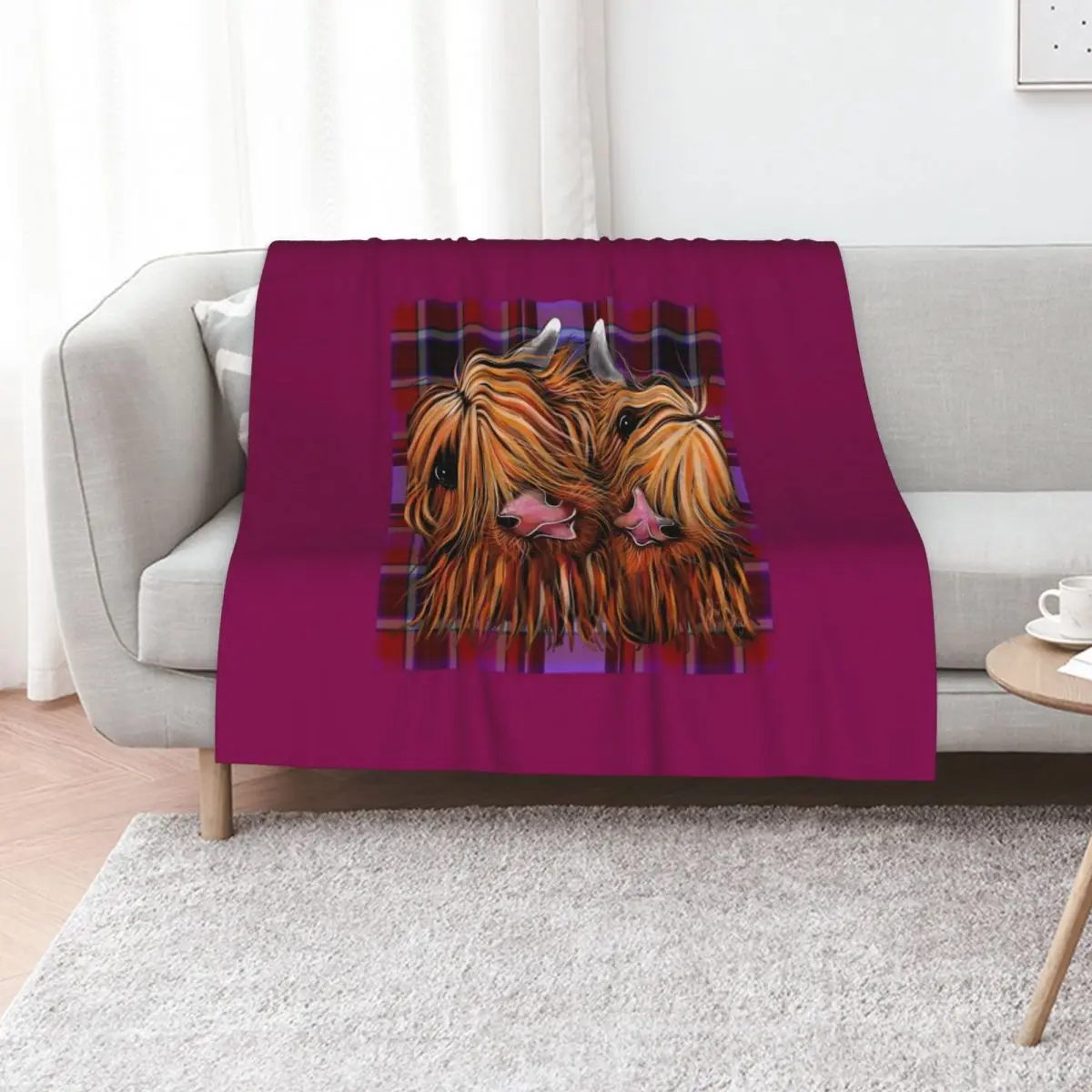 HiGHLaND CoW PRiNT ' RHuBaRB & GiNGeR oN TaRTaN ' BY SHiRLeY MacARTHuR Throw Blanket Retros anime sofa bed Custom Blankets