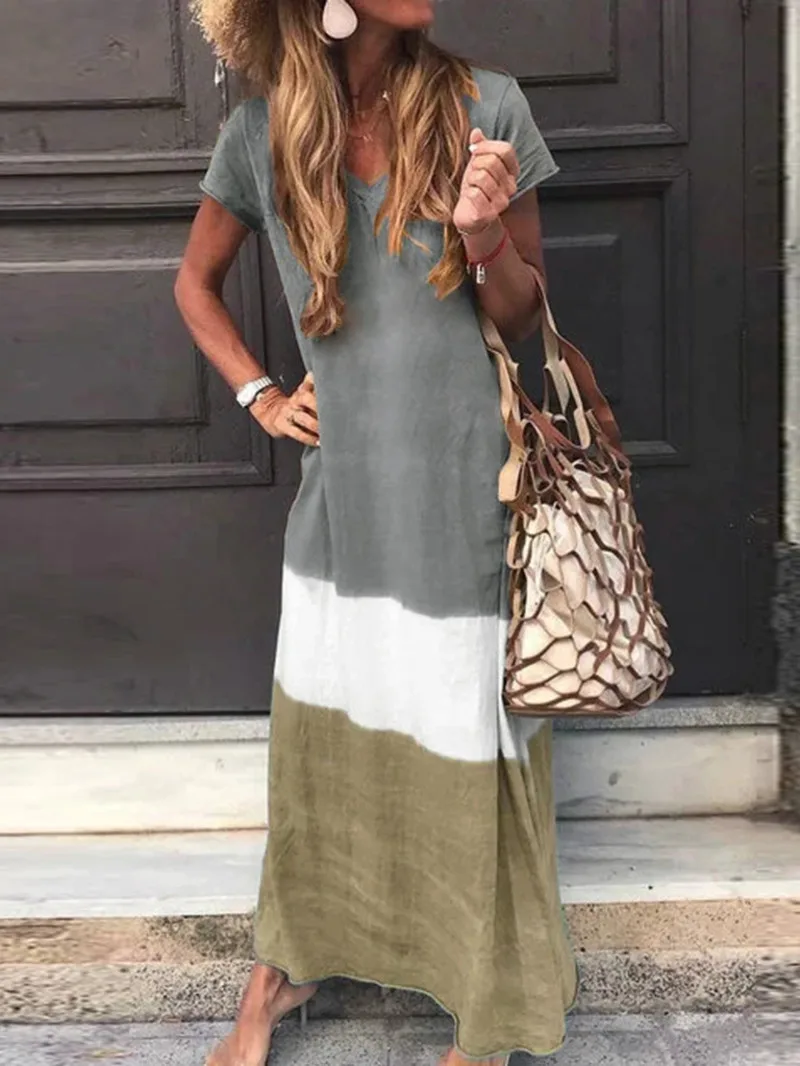 جديد وصول المرأة موضة فساتين طويلة الخامس الرقبة فستان كاجوال ملابس بأكمام قصيرة المرأة 2025 فستان طويل موضة جديدة المرأة BA8P