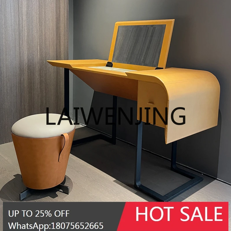 RWJ Bedroom Flip Mirror Light Luxury Designer High-End Saddle Hard Leather Makeup Table