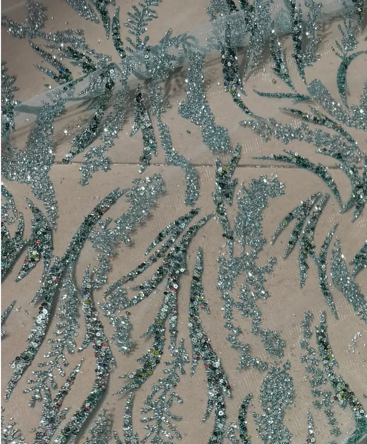 Embroidered Mesh Fabric Hot Stamping Sequin Powder Striped Pattern Lace Evening Party Cocktail Dress Material