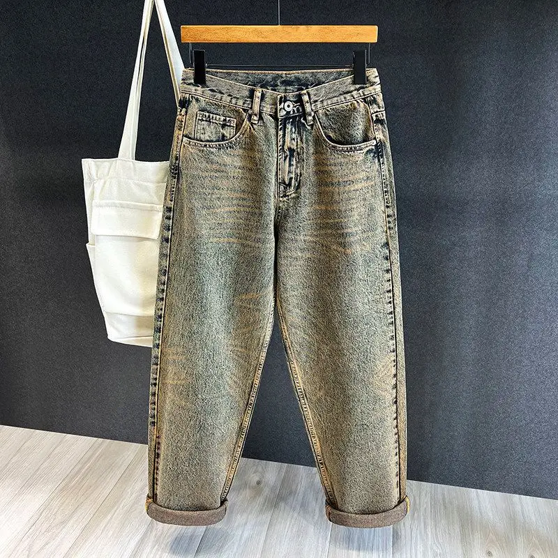 Korean Popular Clothes New 2026 Retro Yellow Mud Dyed Harlan Jeans Men's Loose Straight Menswear Clothing Casual Long Pants Men