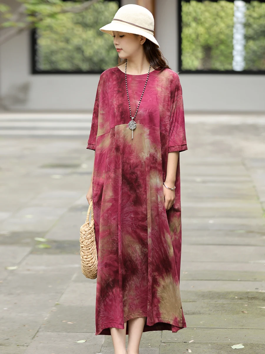 

Summer Loose Comfortable Oversize Hooded Dress Retro Print Mommy Style High Waist Conceal Meat Short Sleeve Artistic Skirt