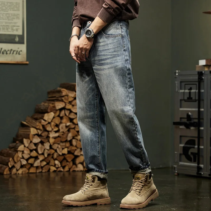 جينز أمريكي عتيق خريفي جديد للرجال فضفاض مستقيم من قماش الدنيم سروال هارلم موضة الشارع الهيب هوب ملابس العمل الجينز Y2K #5