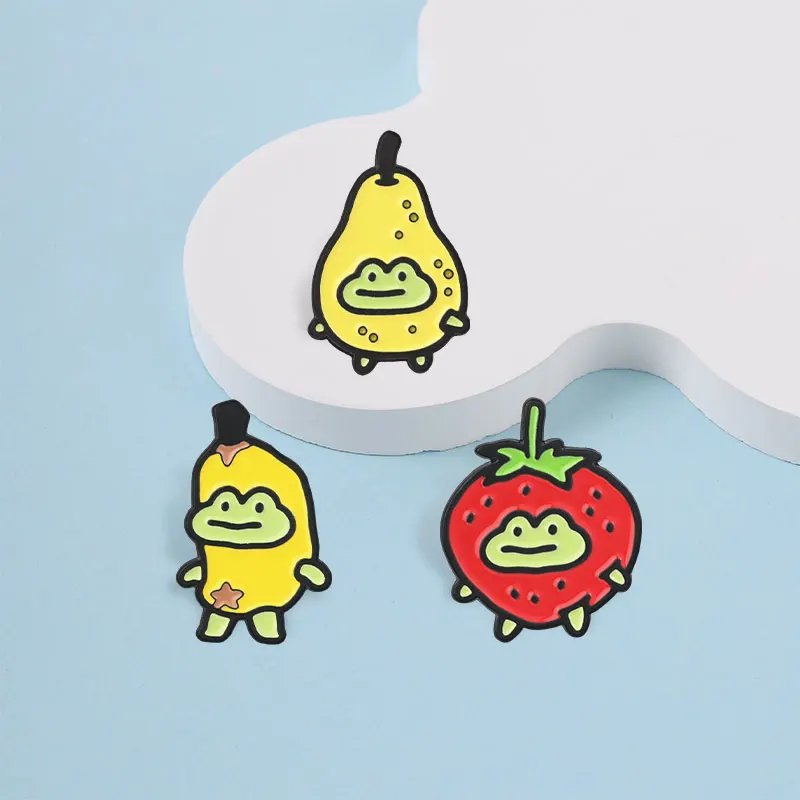 Niedliche Frucht-Frosch-Erdbeer-Bananen-Birnen-Emaille-Abzeichen Lustige Tier-Cartoon-Pins Broschen Anstecknadel-Set Geschenk für Freunde – Detail 6