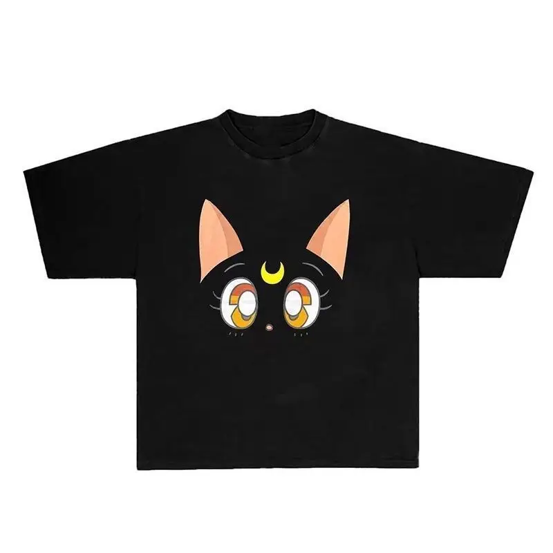 Sailor Moon Luna Printed Cotton Ladies Short Sleeve Girls T-Shirt Parent-Child Clothing Children's Japan Anime Tee Top Summer