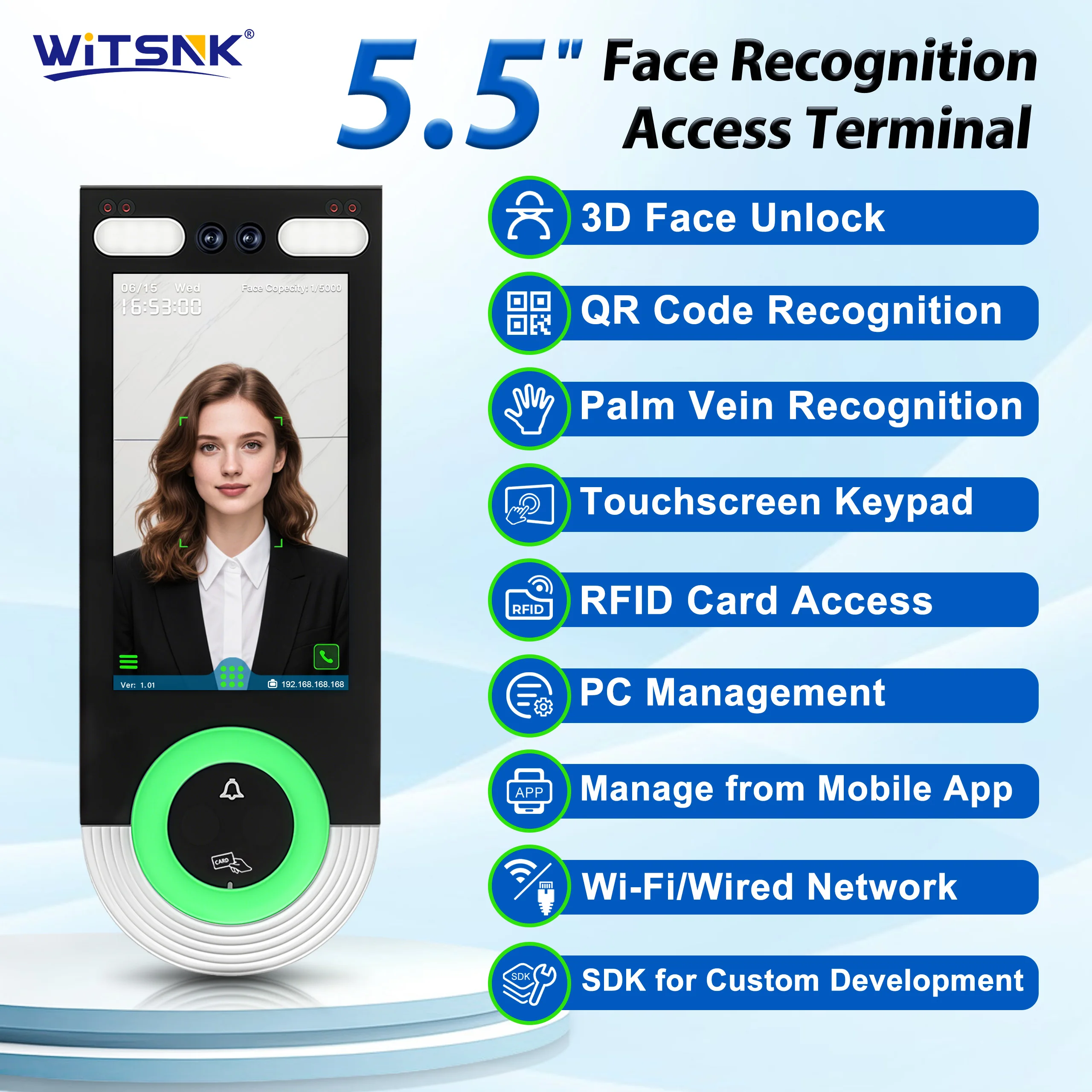 

LINUX Zinc Alloy Body TCP/IP Biometric Face palm vein RFID Access Control Keyboard Fingerprint Time Attendance Machine Cloud