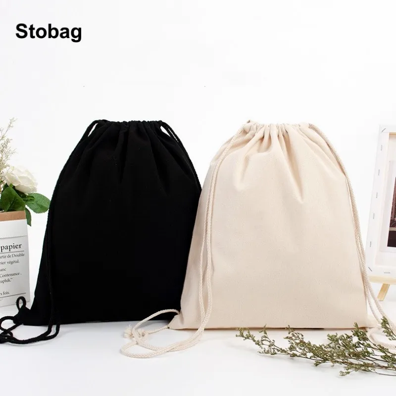 StoBag 2pcs Colorful Canvas Drawstring Bags Shoulder Cotton Cloth Large Storage Packaging Portable Pocket Organizer Pouches