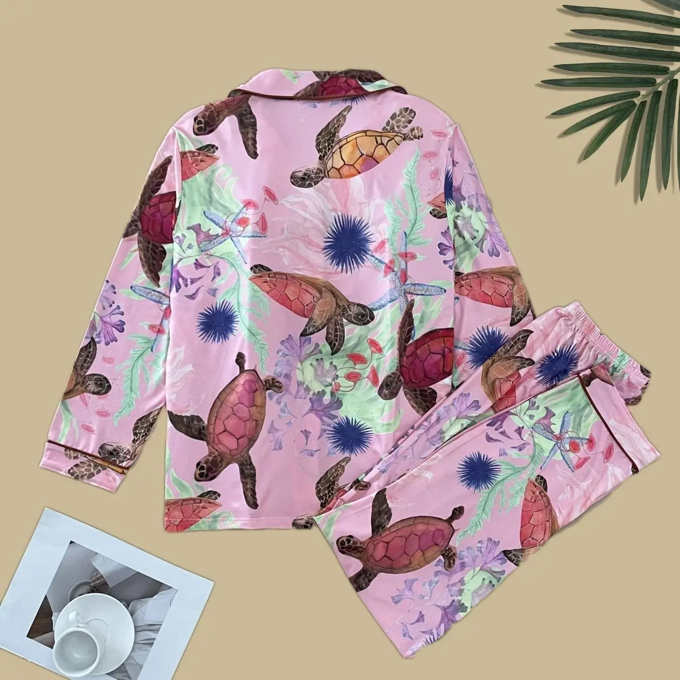 Pink turtle marine creature printed long sleeved pants pajamas for women, lapel cardigans, home clothes can be worn outside