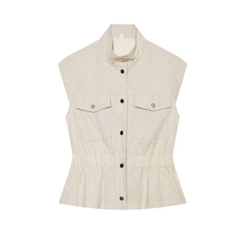 Guobioziy 2026 Women's New Linen Blend PocketDecorated Vest Fashionable and Versatile Elegant and Relaxed Casual Style
