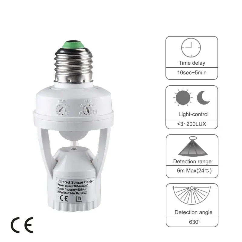 Smart 110V-240V 60W PIR Induction Infrared Motion Sensor E27 LED lamp Base Holder With light Control Switch Bulb Socket Adapter