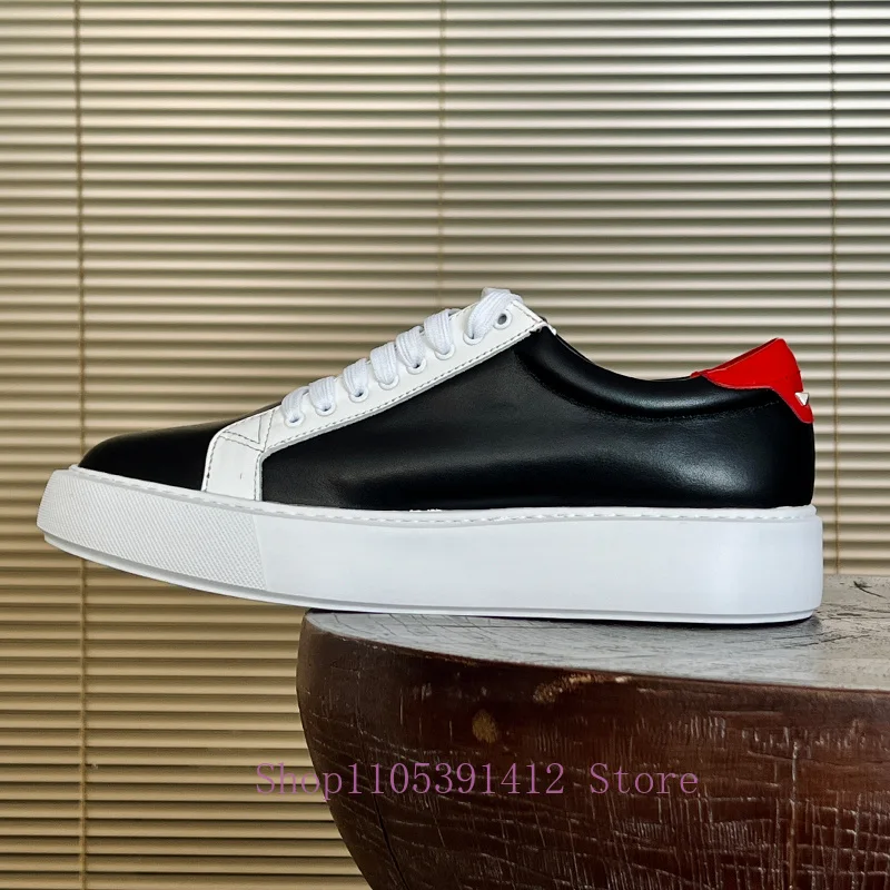 Fashion Height Boost Cow Leather Trainers Two-tone Upper with Red Detail Thick Sole Trendy Lace-up Street Men Casual Sneakers