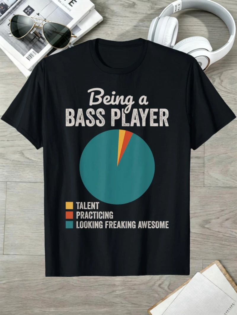 Men's Bassist Graphic T-Shirt Casual Short-Sleeve Crew Neck with Humorous Music Design; Black Top for Musicians and Music Lovers