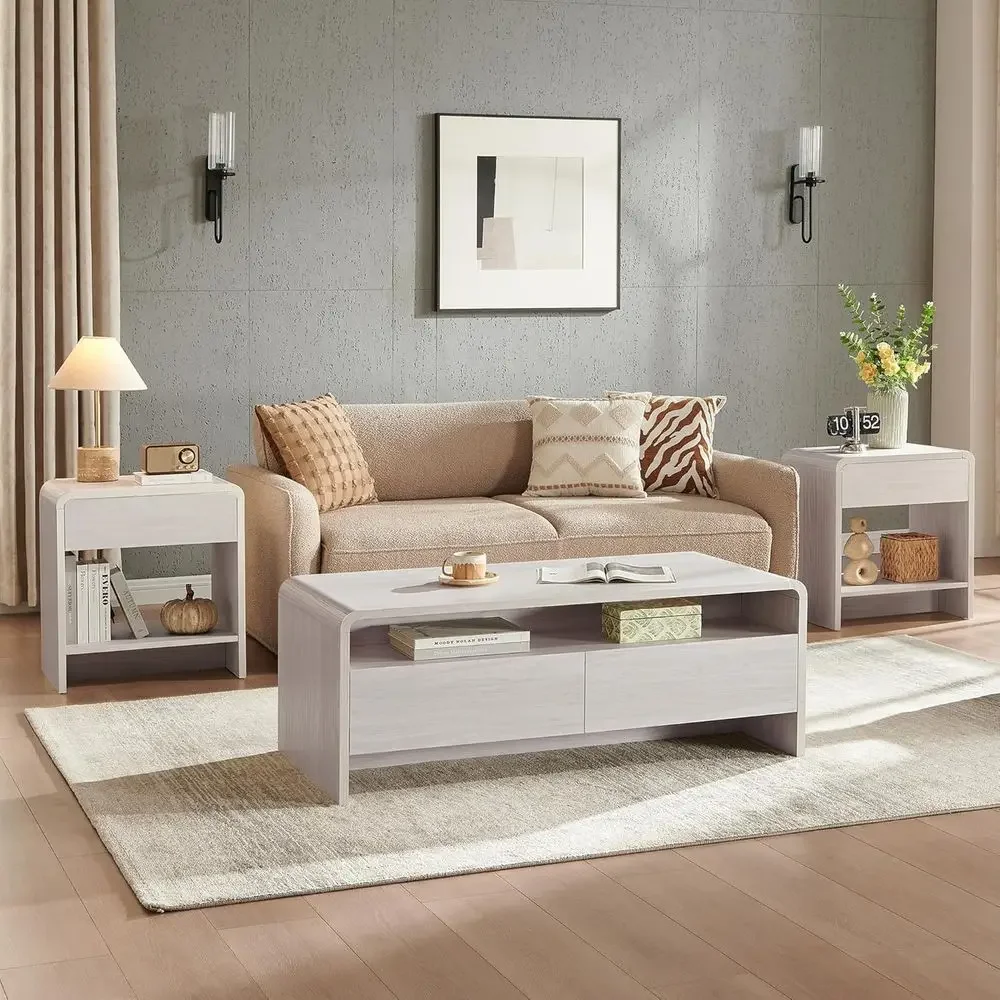 3-Piece Living Room Table Set, Includes Coee Table & 2 End Tables, ern Coee Table Sets with Large Storage Ders & Smooth Rounded