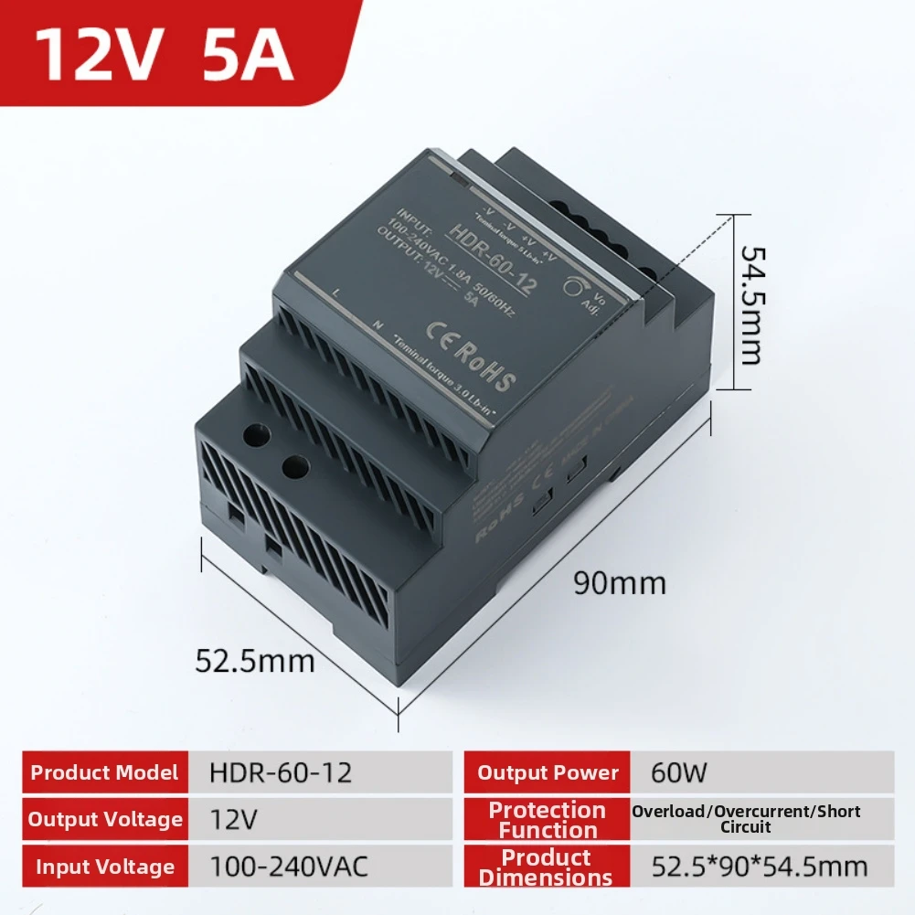Dual Output DIN Rail Power Supply 60W 12VDC 5A 24VDC 2.5A Efficient Ventilated Design for Machinery and Conveyor Control Systems