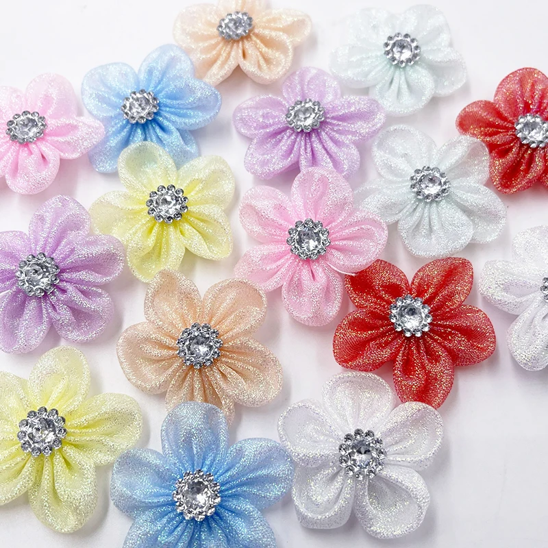 20pcs Organza Ribbon Flowers Bows w/Rhinestone Appliques Wedding Craft E407