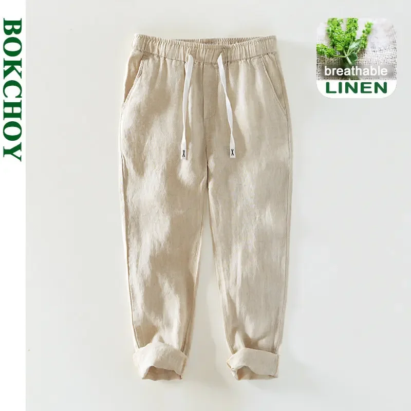 Pantalones de lino 100% para hombre, ropa informal Simple de gran tamaño, Color puro, primavera y verano, B8236