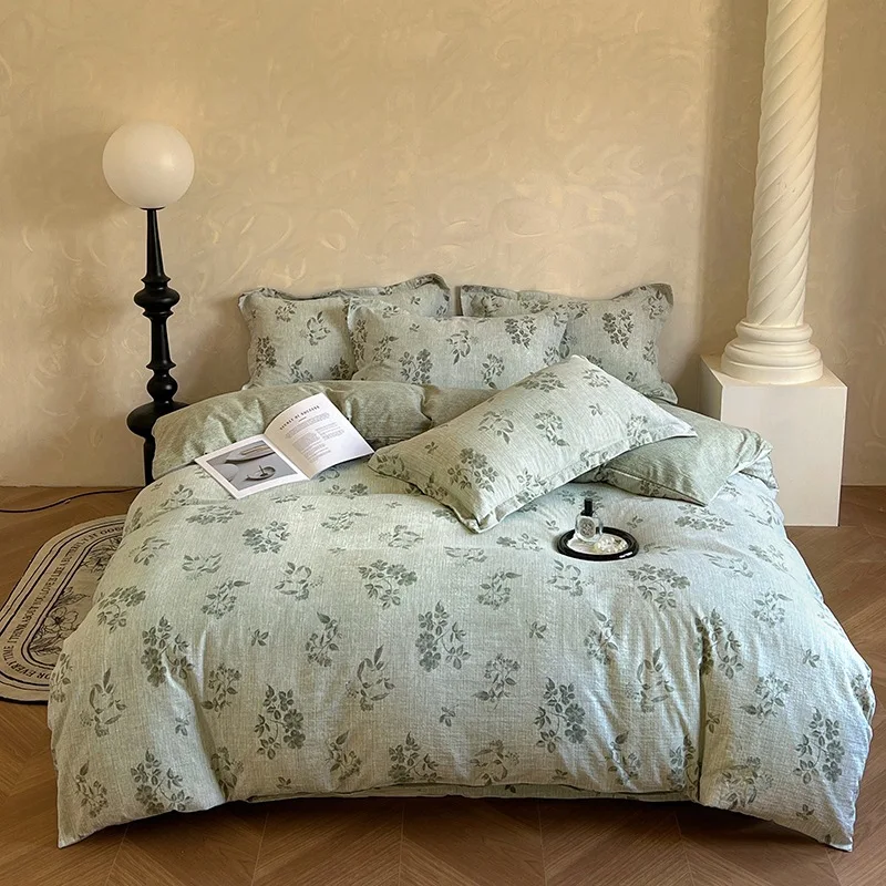 Thickened Cotton and Linen 200X230Cm Bedding Set Vintage Wrinkled Yarn Bed Linens for Autumn Soft Double Queen Size Home Textile