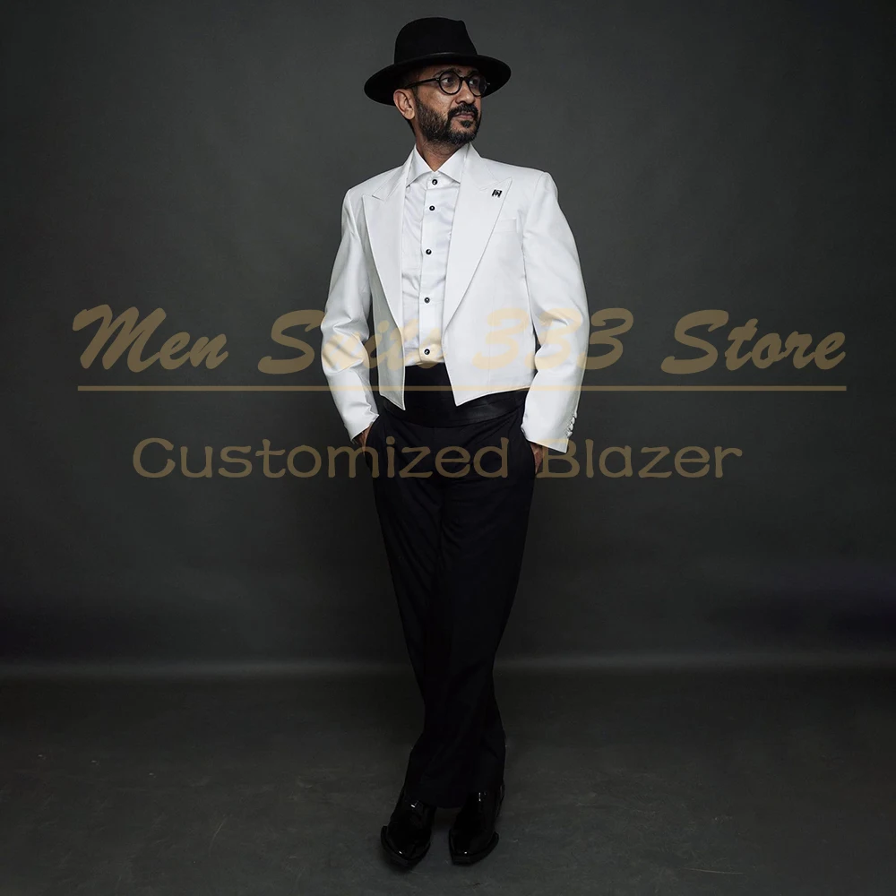

Формальные мужские костюмы, индивидуальный укороченный пиджак с черными брюками, роскошный пиджак с подкладкой с пиковыми лацканами и подкладкой на плече, полный комплект