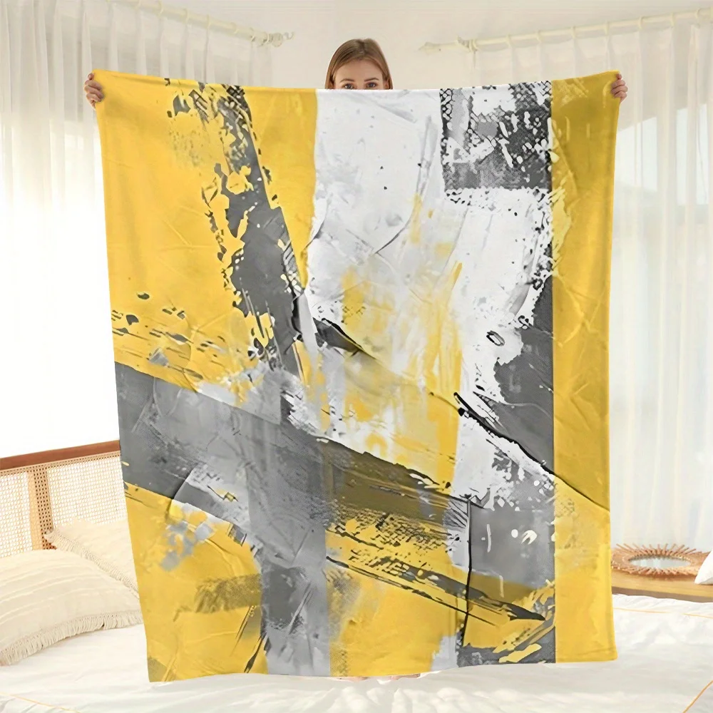 Flannel Throw Blanket - Winter Warmth, Digital Print Design in White & Yellow, Perfect for Sofa, Air Conditioning Comfort