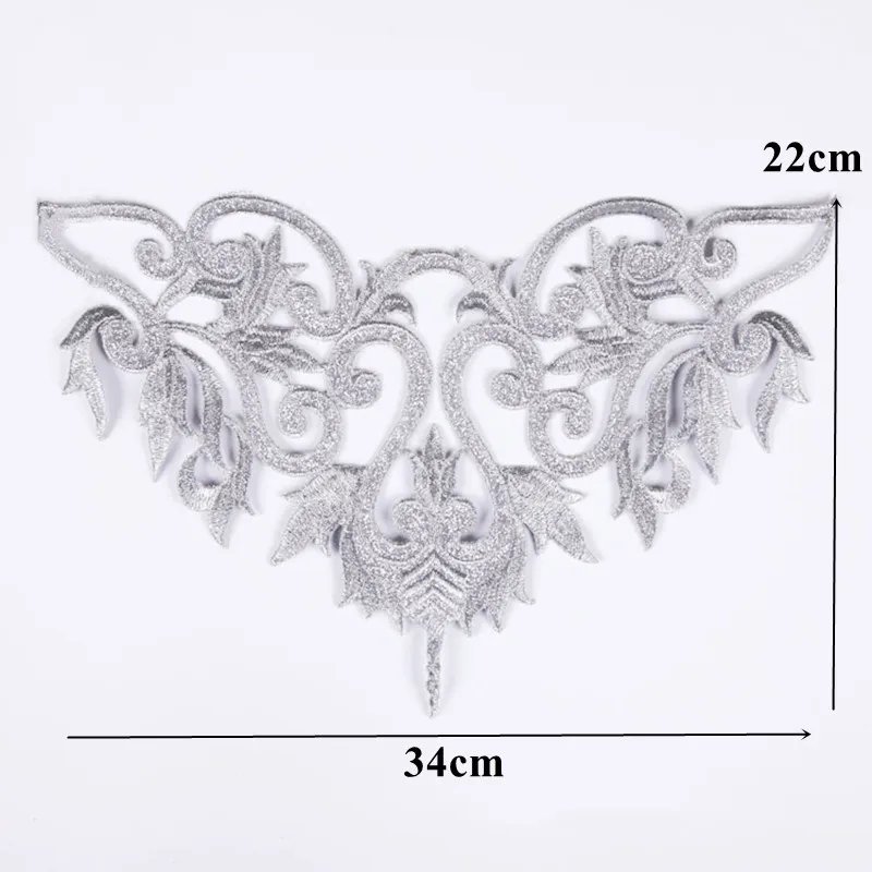 Silver Embroidery Sequin Baroque Flower Applique Fabric Collar Sew Iron Patch Wedding Bridal Gown Dress DIY Clothes Decor Crafts