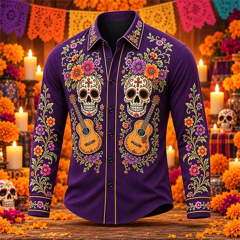 Men's Autumn Long-Sleeve Shirt Vintage Skull Guitar Print Collared Button-Down Stylish Loose Fit Festive Party Streetwear Style