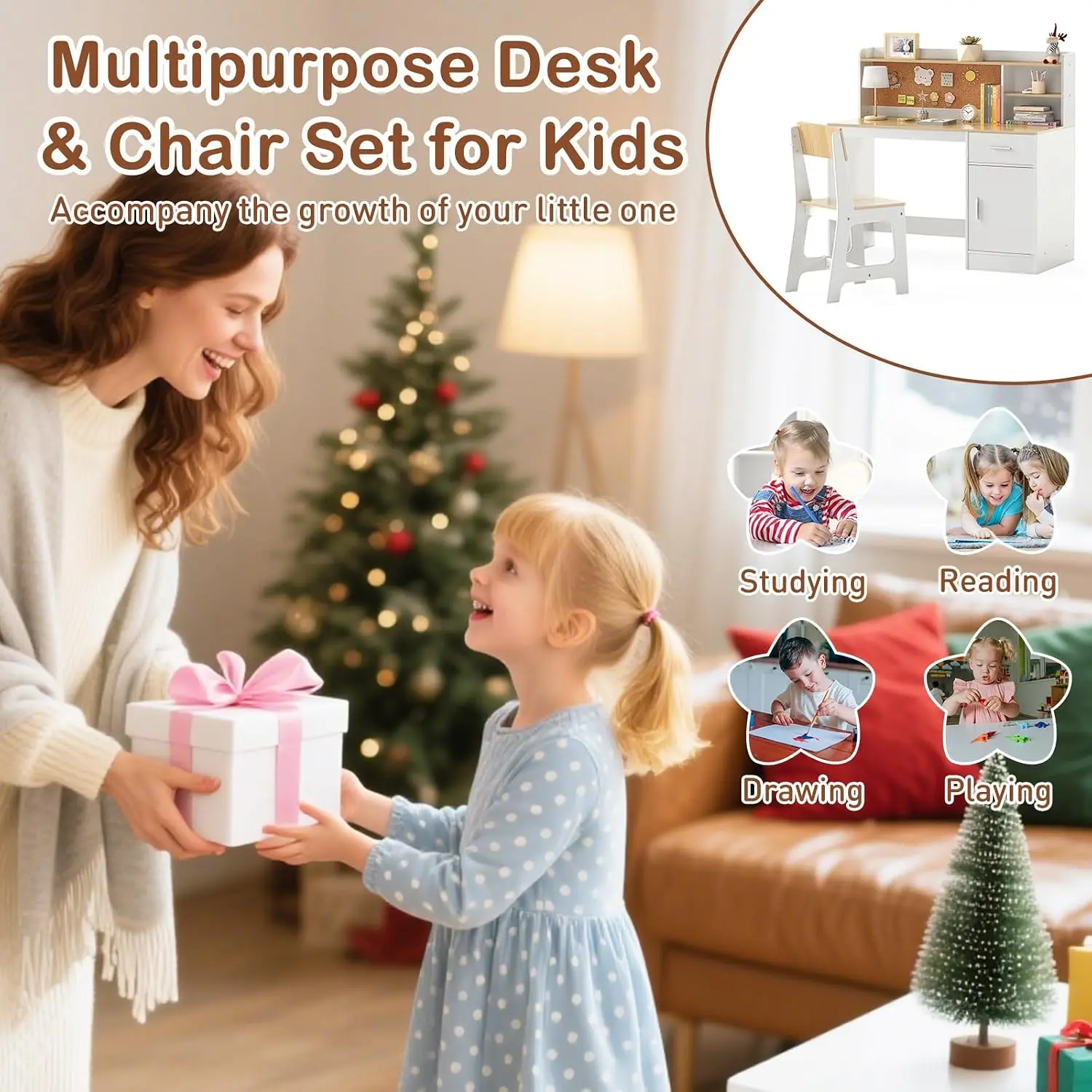 Kids Study Desk & Chair Set Wooden Table w/Drawer Hutch Storage Shelves Student Writing Workstation Bedroom 3+ Years, Customized view 6