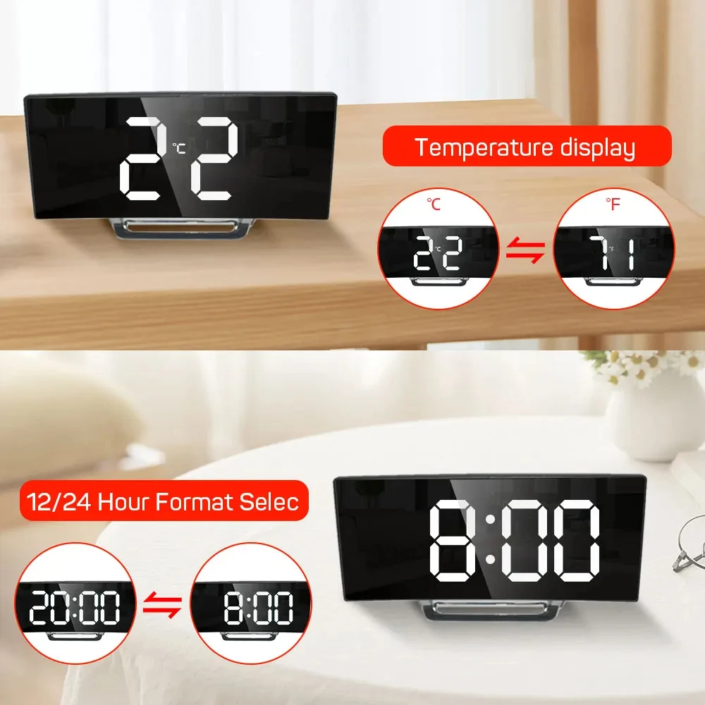 Curved Screen Clock Digital Led Alarm Clock with Temperature Display Large Mirror Clock Snooze Bedside Table Clock Room Decor