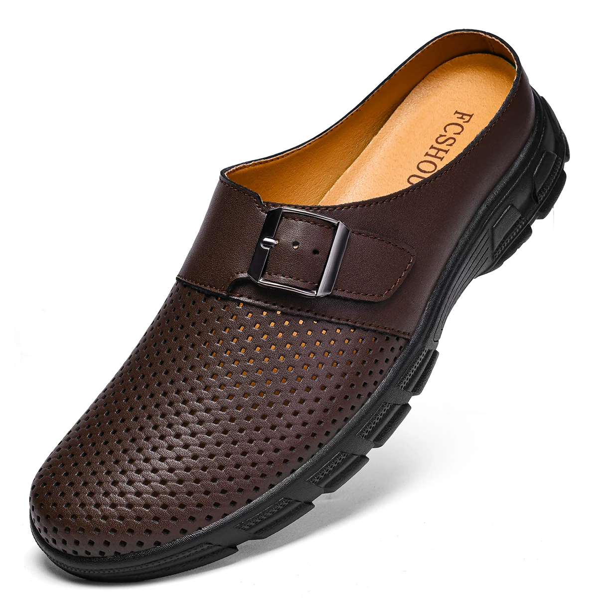 

Men's Casual Soft Leather Shoes Breathable Slip-On Summer Hollow Out Lazy One-Touch Half Slippers Without Back Heel Zapatillas