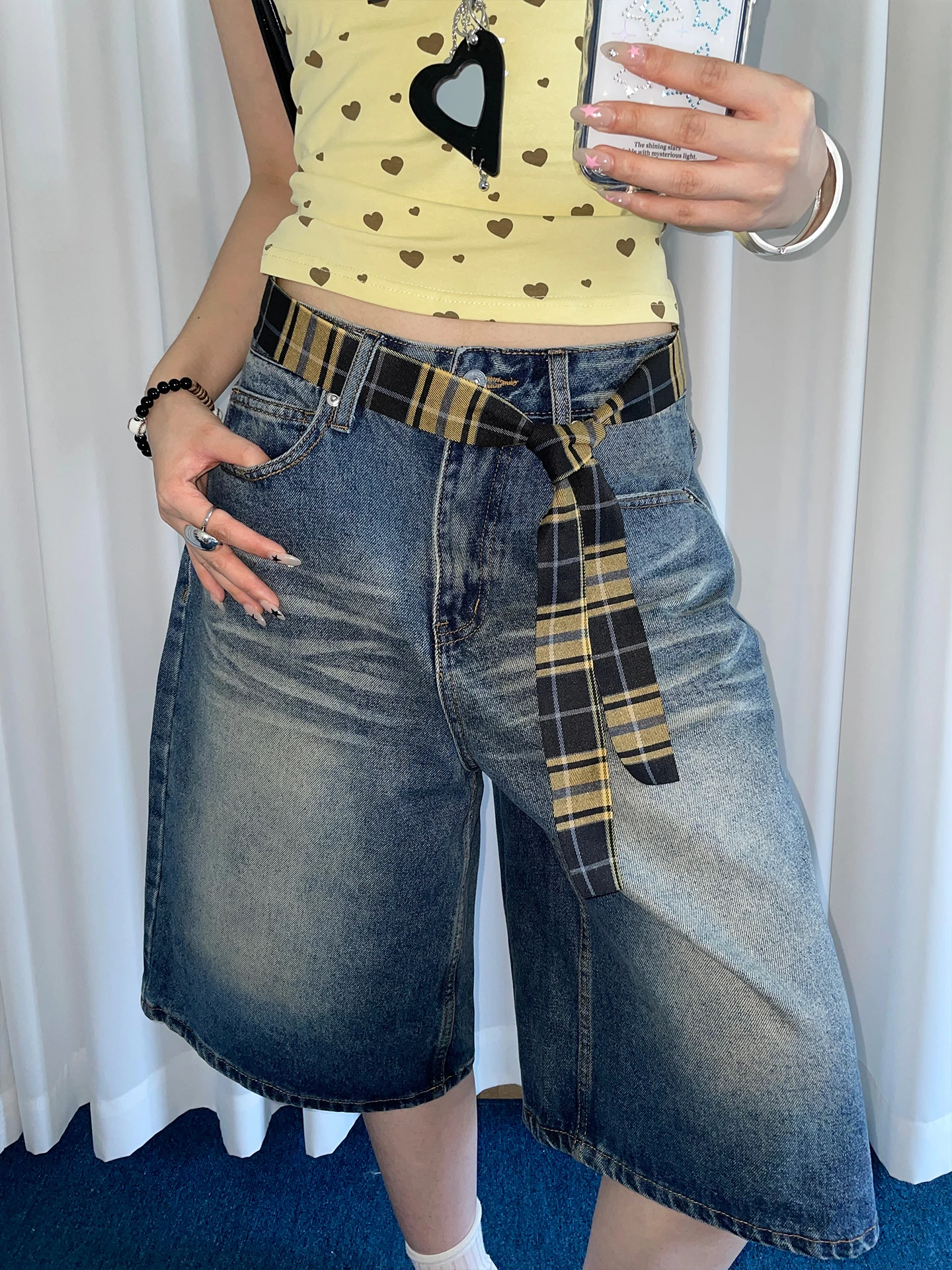 Y2K Retro American Yellow Plaid Belt Long Neck Scarf Dress With Jeans Accessory Belt